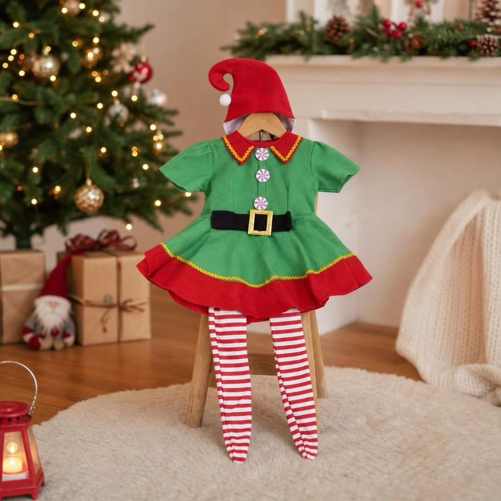 Costum Spiridus pentru Fete, Rochita cu Fes si Sosete, Poliester, Varsta 7-9 Ani, Rochita 77 cm, Verde/Rosu