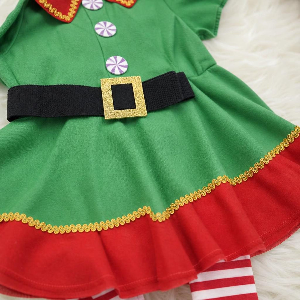 Costum Spiridus pentru Fete, Rochita cu Fes si Sosete, Poliester, Varsta 7-9 Ani, Rochita 77 cm, Verde/Rosu