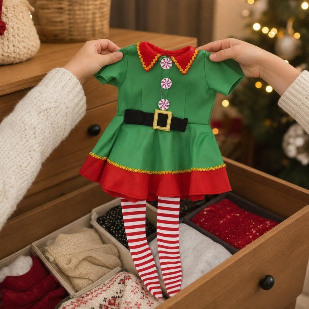Costum Spiridus pentru Fete, Rochita cu Fes si Sosete, Poliester, Varsta 7-9 Ani, Rochita 77 cm, Verde/Rosu