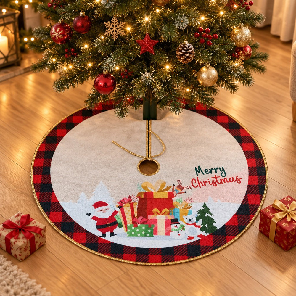 Covoraș pentru brad de 90 cm, cu Moș Crăciun și „Merry Christmas”, întins sub brad