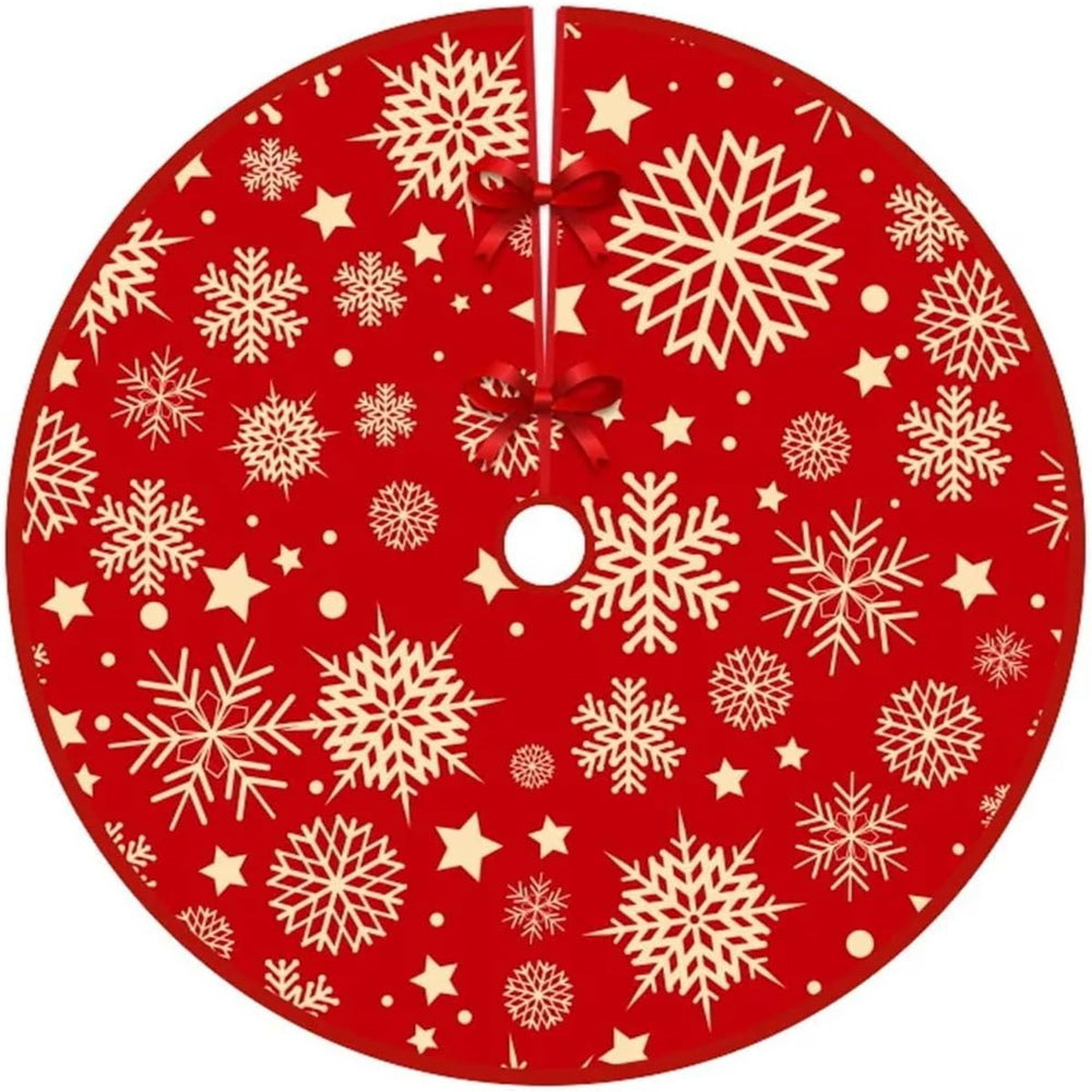 Covoras pentru Bradul de Craciun, din Tesatura Pufoasa, cu Fundite de Prindere, Model Stelute, Rosu, Diametru 90 cm