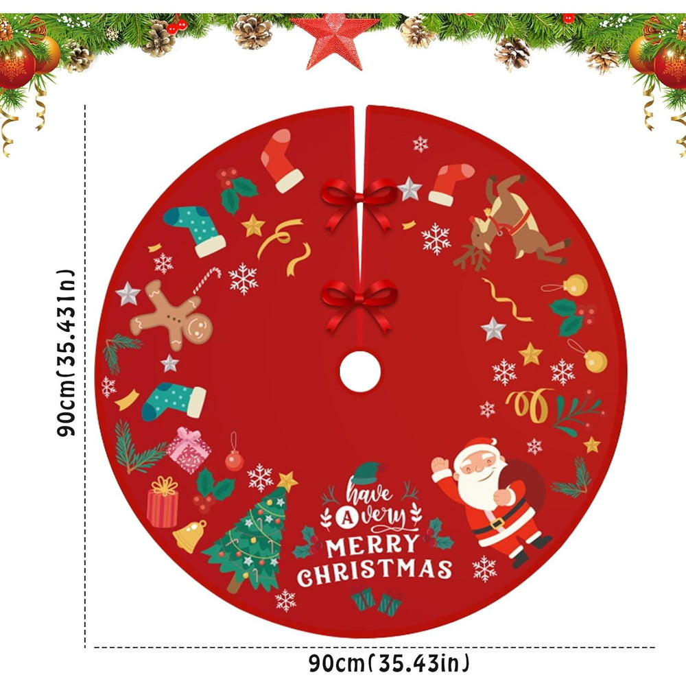 Covoras pentru Bradul de Craciun, din Tesatura Pufoasa, cu Fundite de Prindere, Model Mos Craciun, Rosu, Diametru 90 cm