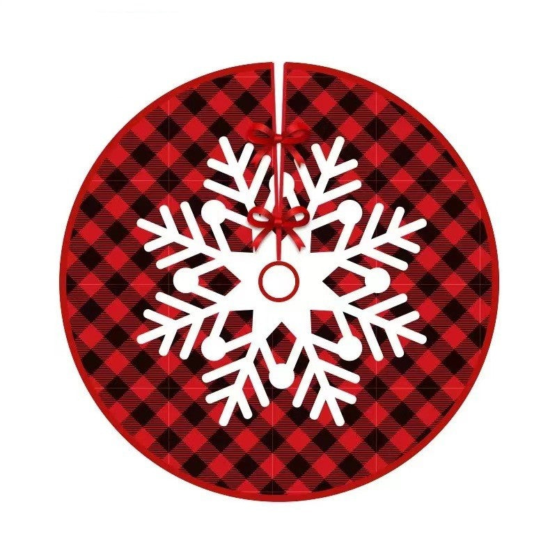 Covoras pentru Bradul de Craciun, din Tesatura Pufoasa, cu Fundite de Prindere, Model Fulg de Nea, Carouri Rosu/Negru, Diametru 90 cm