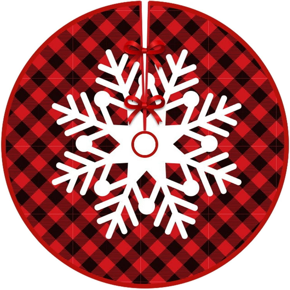Covoras pentru Bradul de Craciun, din Tesatura Pufoasa, cu Fundite de Prindere, Model Fulg de Nea, Carouri Rosu/Negru, Diametru 90 cm