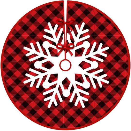 Covoras pentru Bradul de Craciun, din Tesatura Pufoasa, cu Fundite de Prindere, Model Fulg de Nea, Carouri Rosu/Negru, Diametru 90 cm