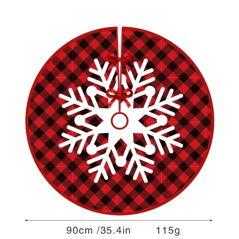 Covoras pentru Bradul de Craciun, din Tesatura Pufoasa, cu Fundite de Prindere, Model Fulg de Nea, Carouri Rosu/Negru, Diametru 90 cm