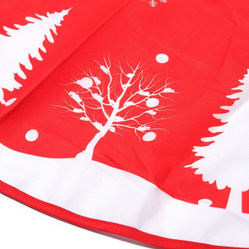 Covoras pentru Bradul de Craciun, din Tesatura Pufoasa, cu Fundite de Prindere, Model Brazi, Rosu/Alb, Diametru 90 cm