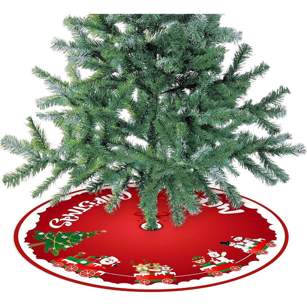 Covoras pentru Bradul de Craciun, din Tesatura Pufoasa, cu Fundite de Prindere, Model Sania lui Mos Craciun, Rosu, Diametru 90 cm