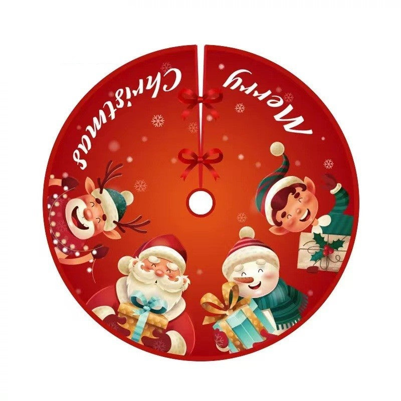 Covoras pentru Bradul de Craciun, din Tesatura Pufoasa, cu Fundite de Prindere, Model Mos Craciun si Ajutoarele, Rosu, Diametru 90 cm