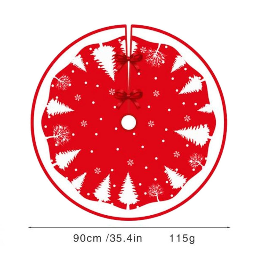Covoras pentru Bradul de Craciun, din Tesatura Pufoasa, cu Fundite de Prindere, Model Brazi, Rosu/Alb, Diametru 90 cm