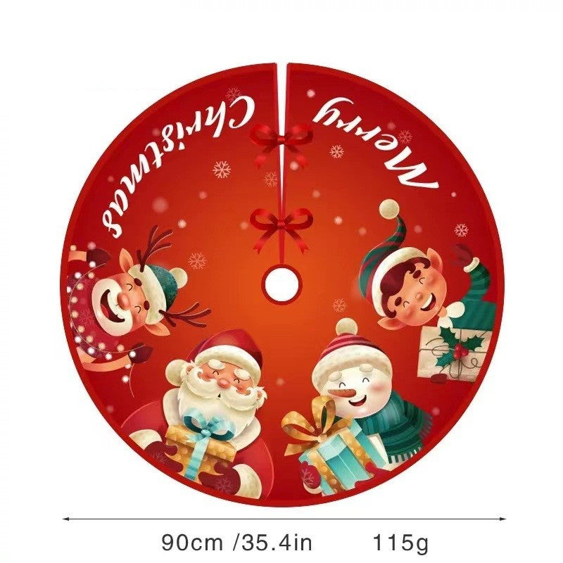 Covoras pentru Bradul de Craciun, din Tesatura Pufoasa, cu Fundite de Prindere, Model Mos Craciun si Ajutoarele, Rosu, Diametru 90 cm