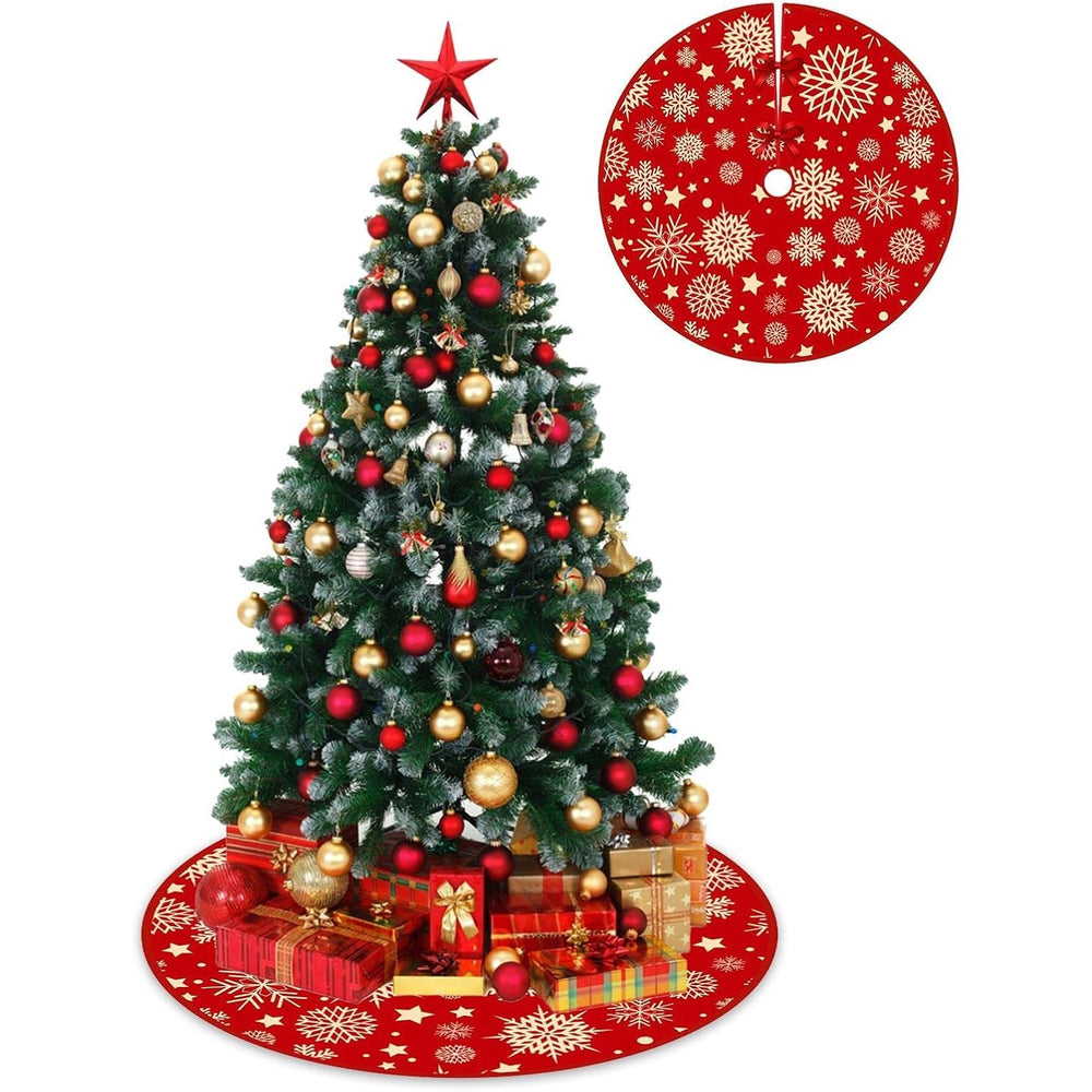 Covoras pentru Bradul de Craciun, din Tesatura Pufoasa, cu Fundite de Prindere, Model Stelute, Rosu, Diametru 90 cm