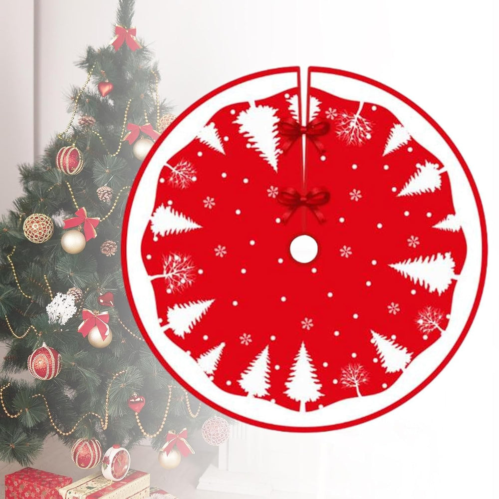 Covoras pentru Bradul de Craciun, din Tesatura Pufoasa, cu Fundite de Prindere, Model Brazi, Rosu/Alb, Diametru 90 cm