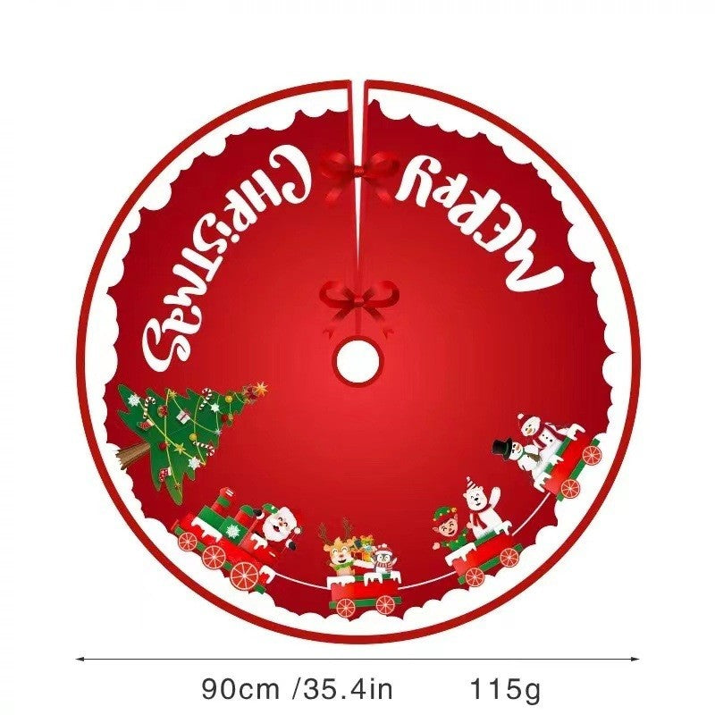 Covoras pentru Bradul de Craciun, din Tesatura Pufoasa, cu Fundite de Prindere, Model Sania lui Mos Craciun, Rosu, Diametru 90 cm