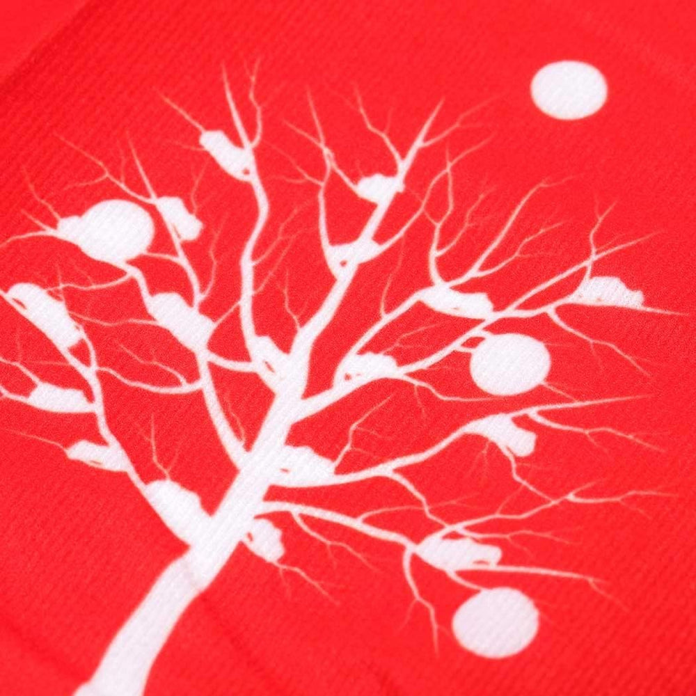Covoras pentru Bradul de Craciun, din Tesatura Pufoasa, cu Fundite de Prindere, Model Brazi, Rosu/Alb, Diametru 90 cm