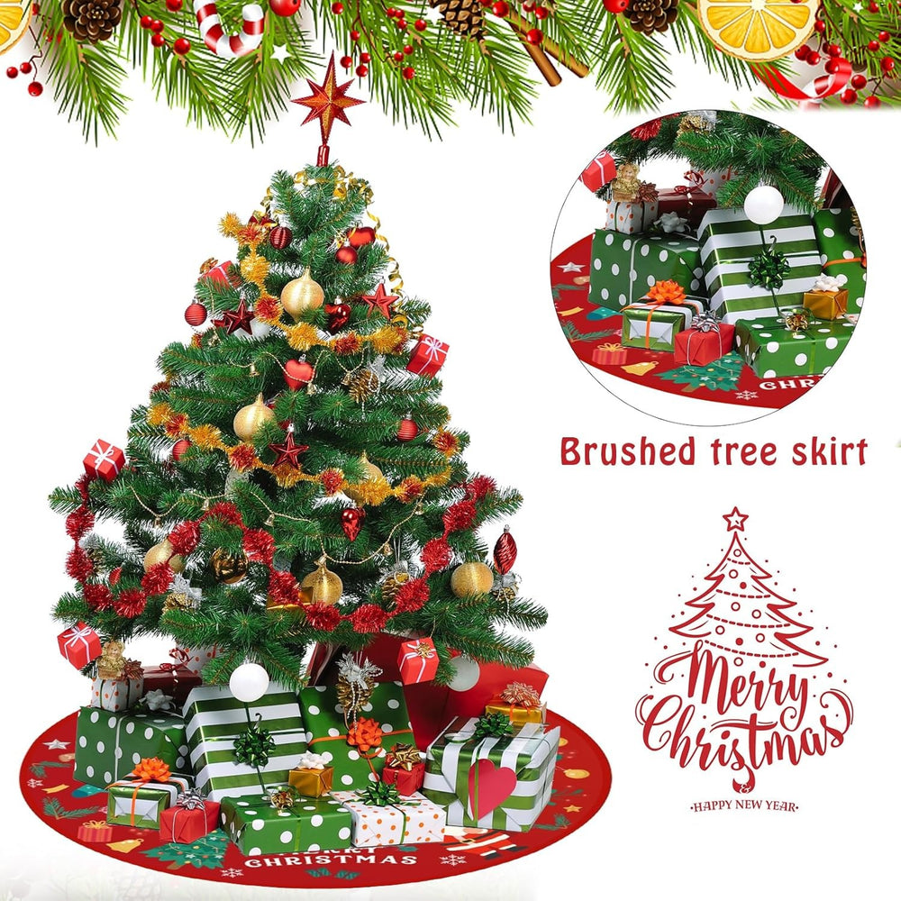 Covoras pentru Bradul de Craciun, din Tesatura Pufoasa, cu Fundite de Prindere, Model Mos Craciun, Rosu, Diametru 90 cm