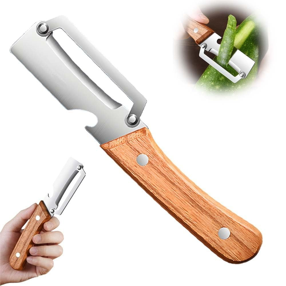 Curatator de Fructe/Legume, 2in1, Desfacator de Sticle, Multifunctional, Maner de Lemn, Maro