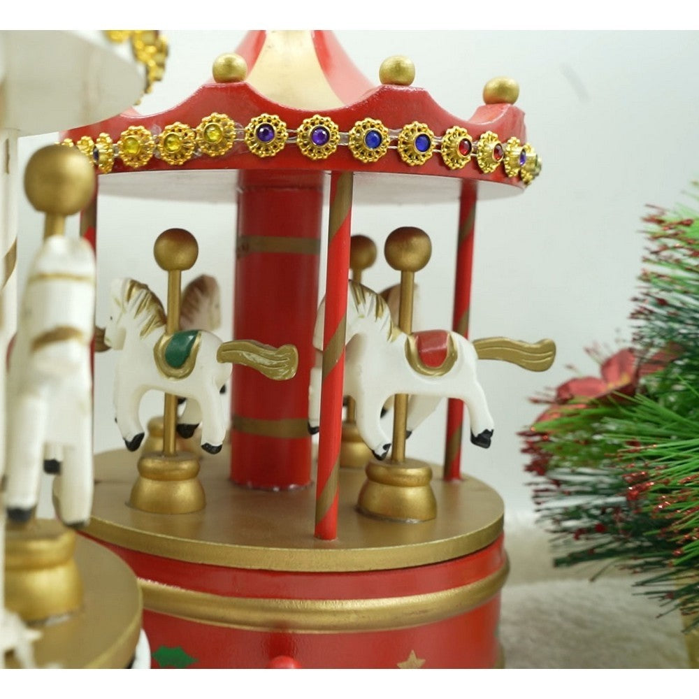 Cutiuta muzicala decorata de Craciun, Carusel rotativ, Rosu, din Lemn, Interior