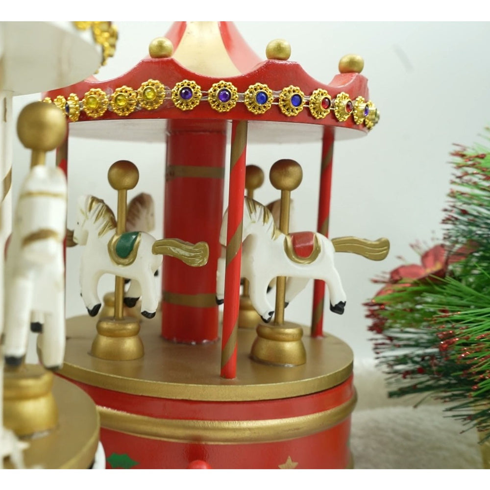 Cutiuta muzicala decorata de Craciun, Carusel rotativ, Rosu, din Lemn, Interior