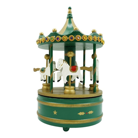 Cutiuta muzicala decorata de Craciun, Carusel rotativ, Verde, din Lemn, Interior