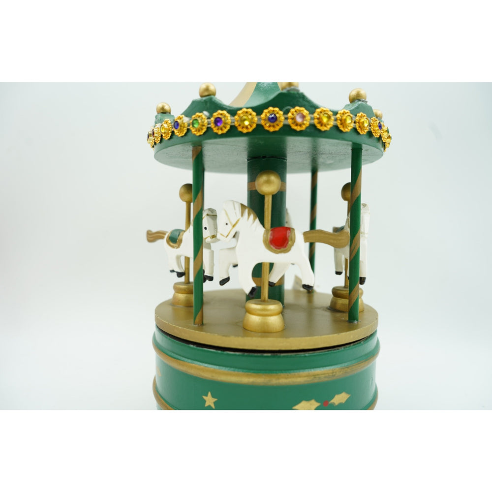 Cutiuta muzicala decorata de Craciun, Carusel rotativ, Verde, din Lemn, Interior