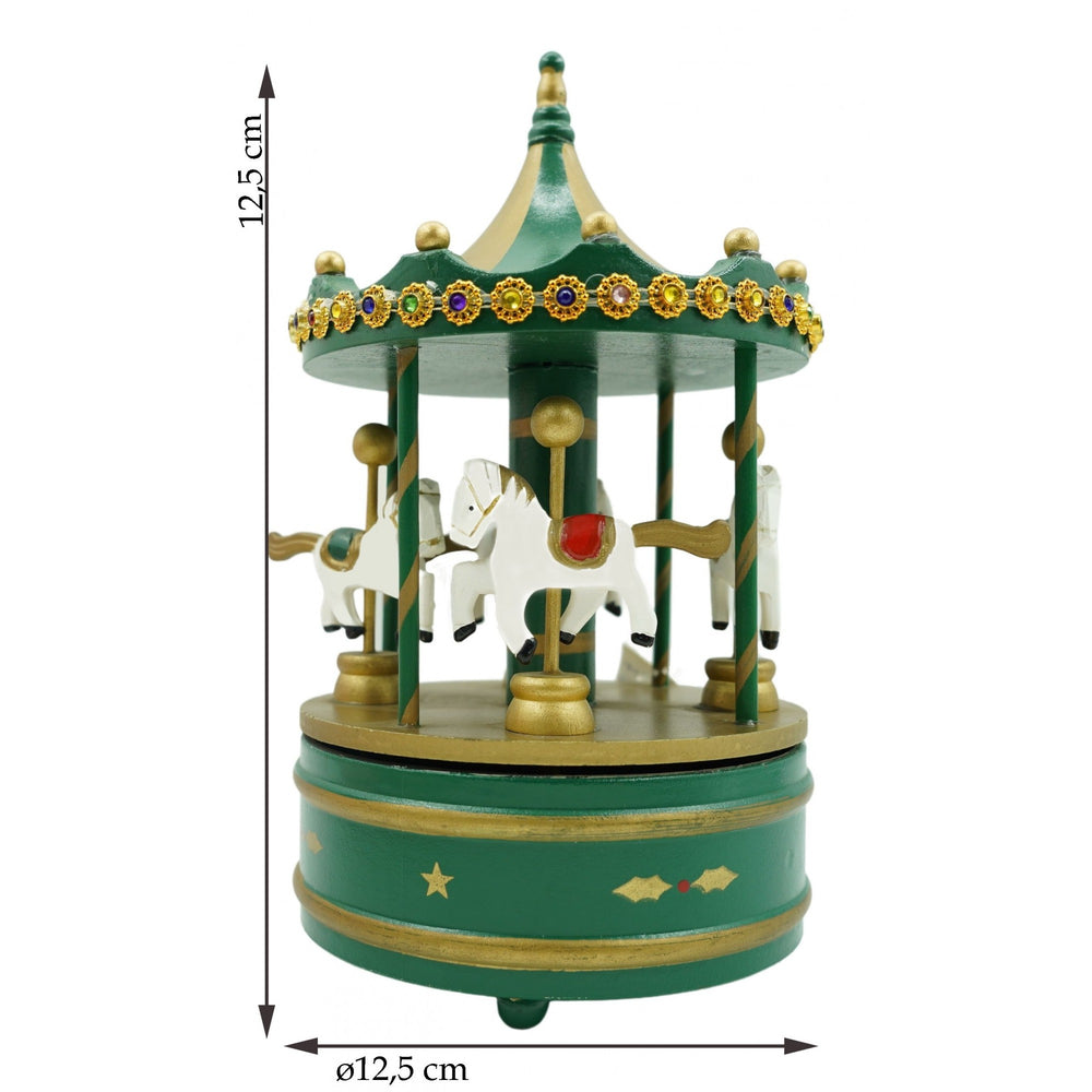 Cutiuta muzicala decorata de Craciun, Carusel rotativ, Verde, din Lemn, Interior