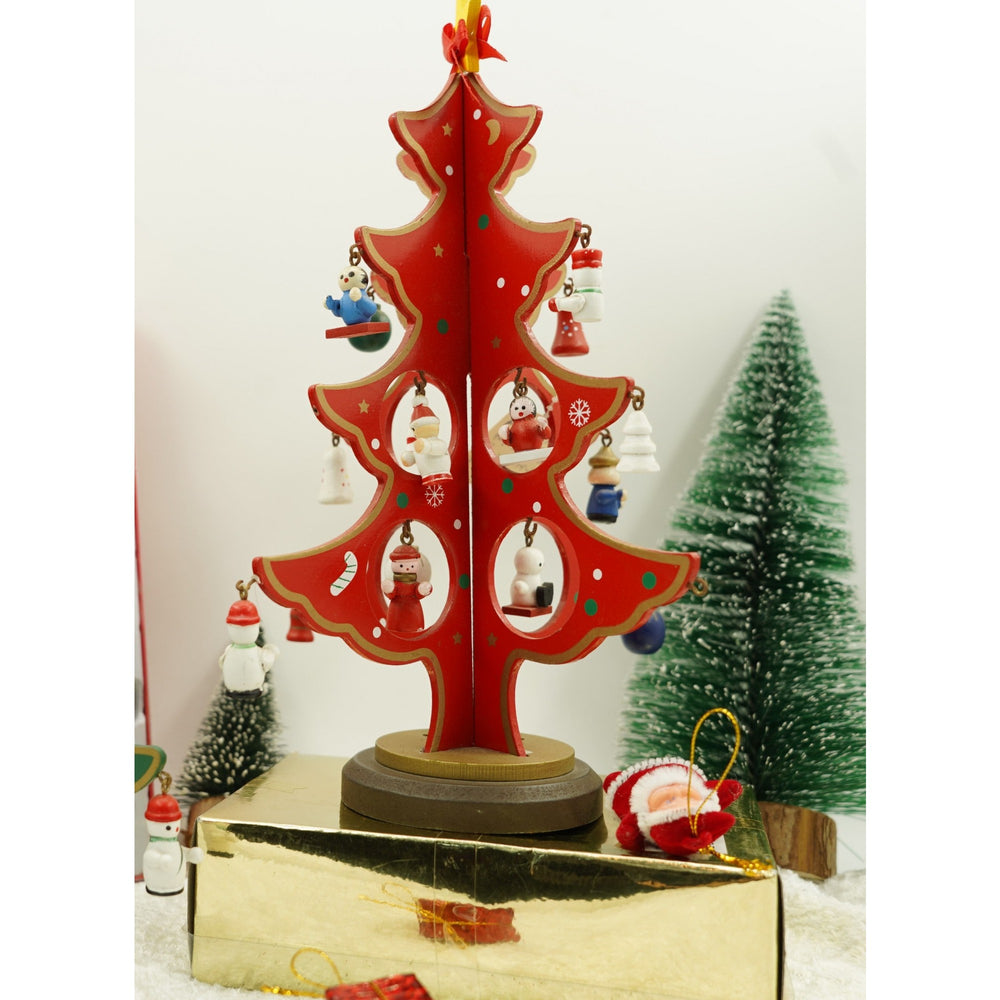 Decoratiune Craciun, Brad, Rosu, 8 cavitati cu ornamente, 18.5 cm x 25 cm, Lemn