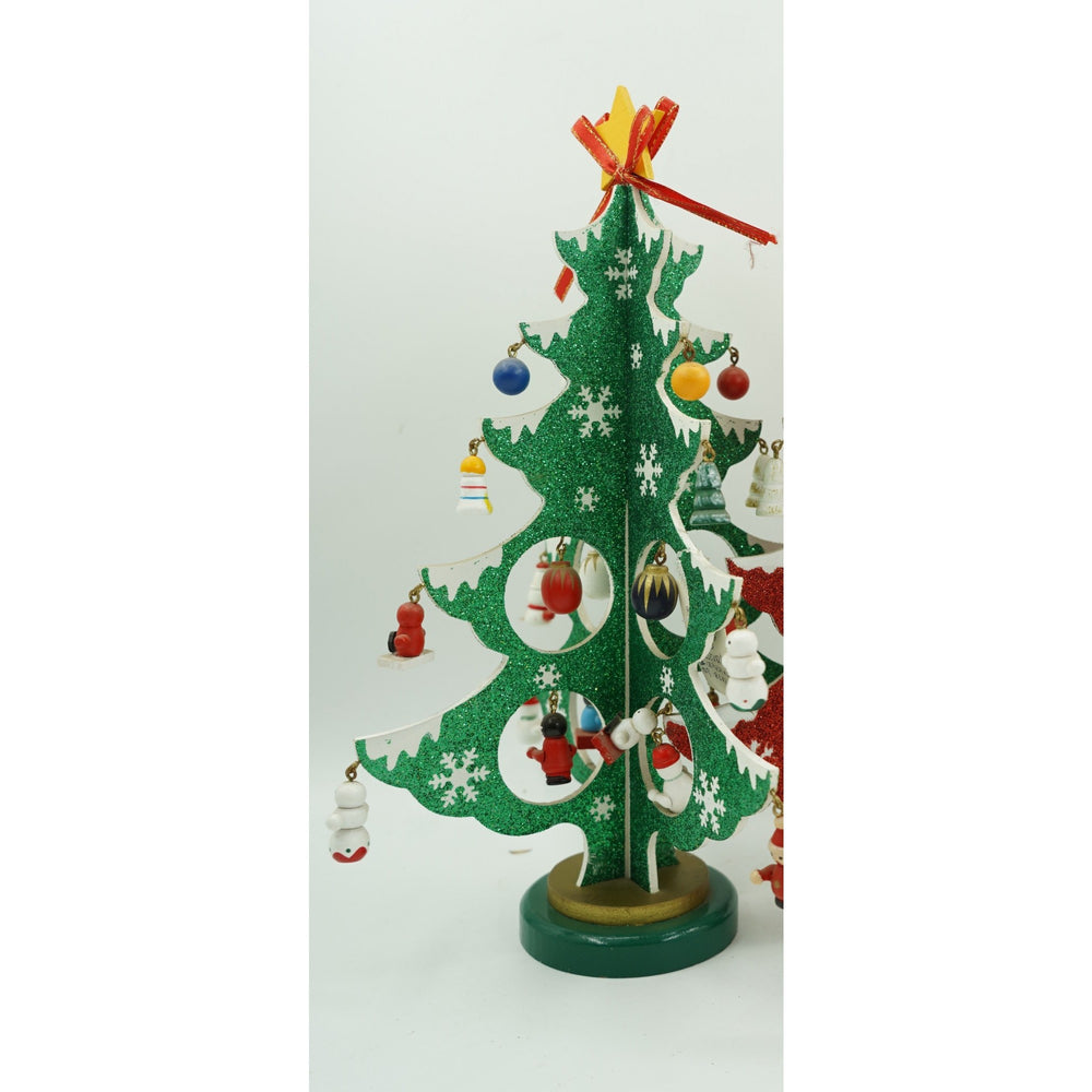 Decoratiune Craciun, Brad, Verde/Alb, 8 cavitati cu ornamente, 18.5 cm x 33 cm, Lemn