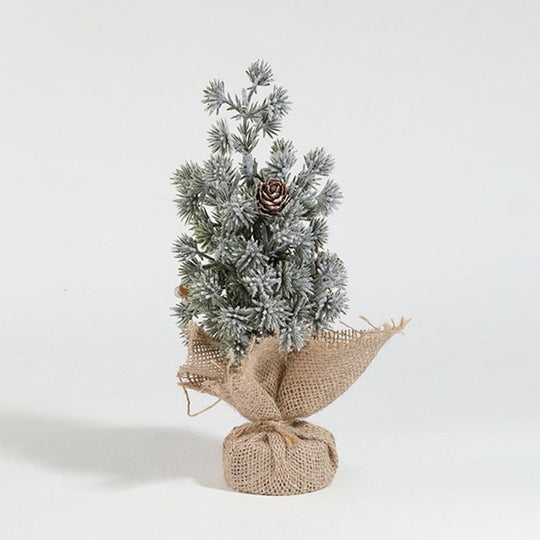Decoratiune Craciun pentru Masa, Ornament de Decor Model Brad de Craciun de Dimensiuni Mici cu Fulgi Albi, pentru Birou si Interior, din Plastic Calitativ 20 cm, Verde Alb