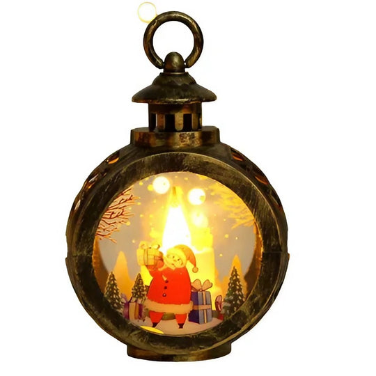 Decoratiune Craciun tip Felinare cu baterii, 13.5 x 9 cm, Lumanare cu geam si inscriptie Mos Craciun, lumina alb cald, baterii incluse, Negru Vintage