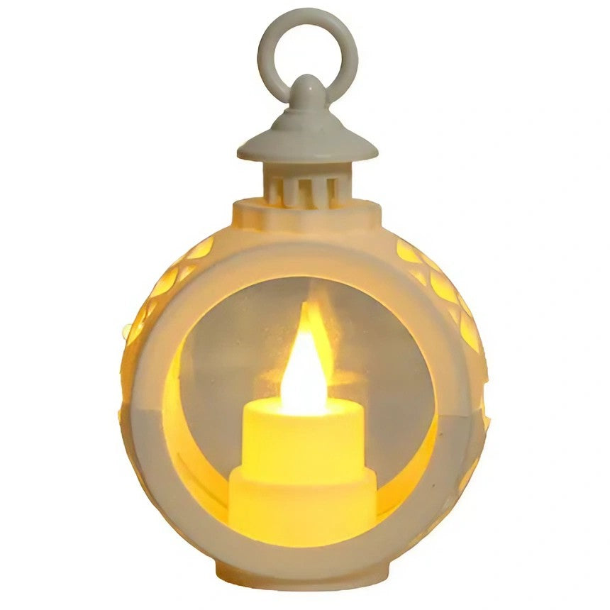Decoratiune Craciun tip Felinare cu baterii, 13.5 x 9 cm, Lumanare cu lumina alb cald fara geam, baterii incluse, Alb