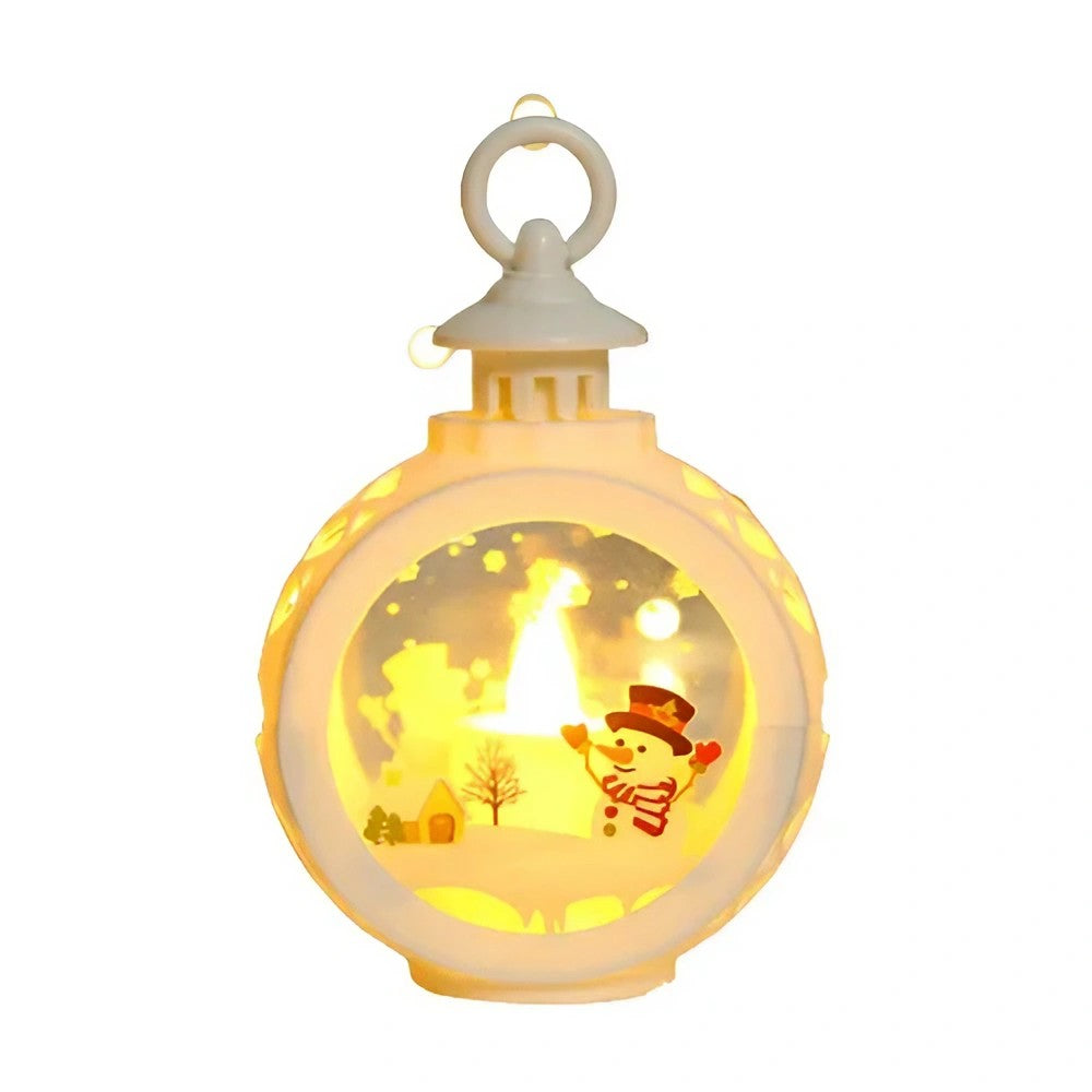Decoratiune Craciun tip Felinare cu baterii, 13.5 x 9 cm, Lumanare cu geam si inscriptie om de zapada, lumina alb cald, baterii incluse, Alb