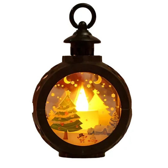 Decoratiune Craciun tip Felinare cu baterii, 13.5 x 9 cm, Lumanare cu geam si inscriptie Brad Craciun, lumina alb cald, baterii incluse, Negru
