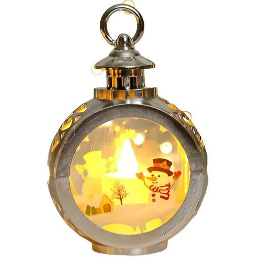 Decoratiune Craciun tip Felinare cu baterii, 13.5 x 9 cm, Lumanare cu geam si inscriptie om de zapada, lumina alb cald, baterii incluse, Argintiu