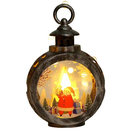 Decoratiune Craciun tip Felinare cu baterii, 13.5 x 9 cm, Lumanare cu geam si inscriptie Mos Craciun, lumina alb cald, baterii incluse, Bronz Argintiu