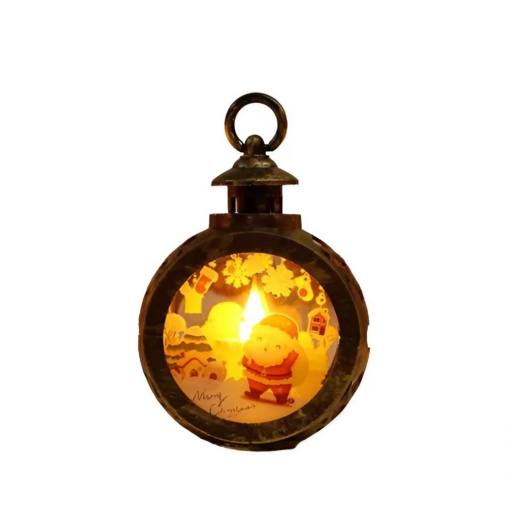 Decoratiune Craciun tip Felinare cu baterii, 13.5 x 9 cm, Lumanare cu geam si inscriptie Mos Craciun, lumina alb cald, baterii incluse, Bronz Auriu
