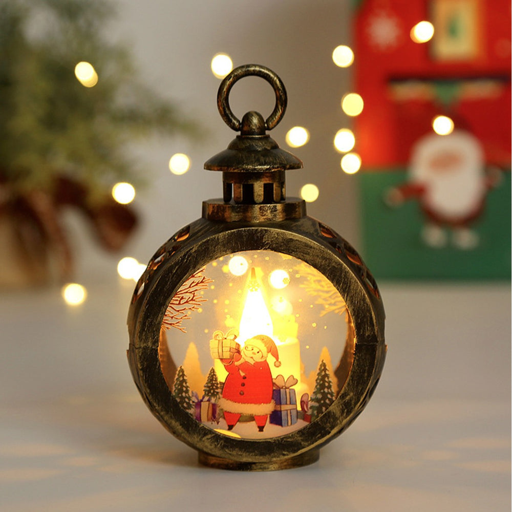 Decoratiune Craciun tip Felinare cu baterii, 13.5 x 9 cm, Lumanare cu geam si inscriptie Mos Craciun, lumina alb cald, baterii incluse, Negru Vintage