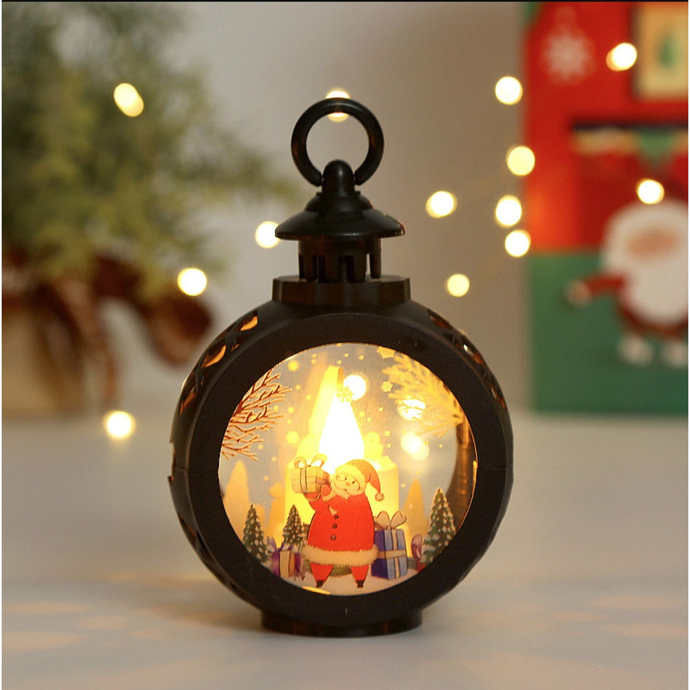 Decoratiune Craciun tip Felinare cu baterii, 13.5 x 9 cm, Lumanare cu geam si inscriptie Mos Craciun, lumina alb cald, baterii incluse, Negru