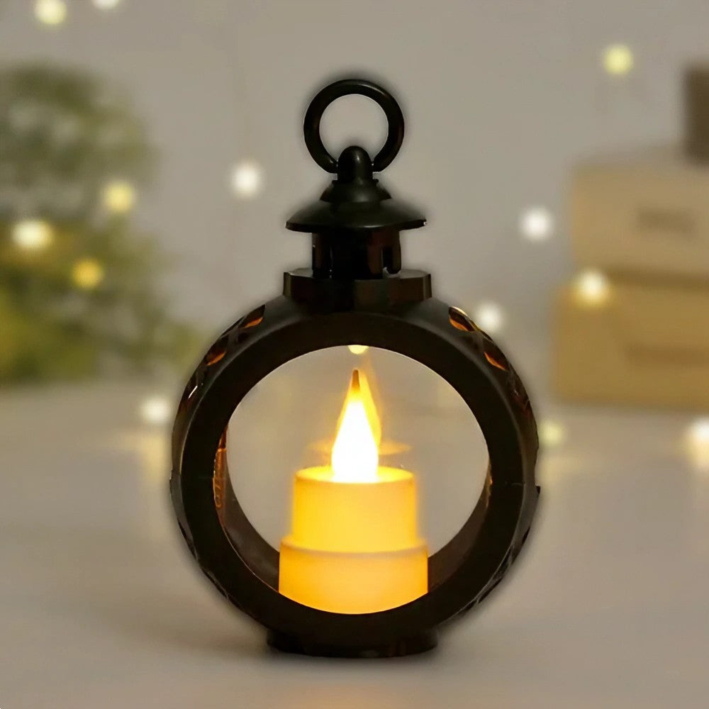 Decoratiune Craciun tip Felinare cu baterii, 13.5 x 9 cm, Lumanare cu lumina alb cald fara geam, baterii incluse, Negru