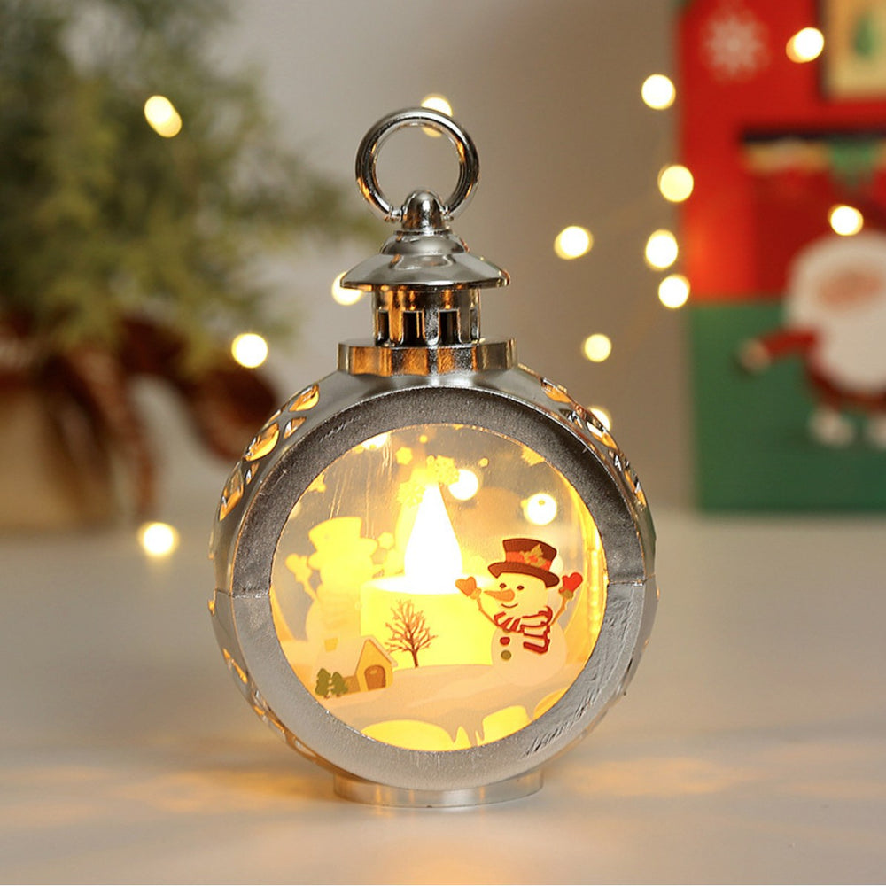 Decoratiune Craciun tip Felinare cu baterii, 13.5 x 9 cm, Lumanare cu geam si inscriptie om de zapada, lumina alb cald, baterii incluse, Argintiu