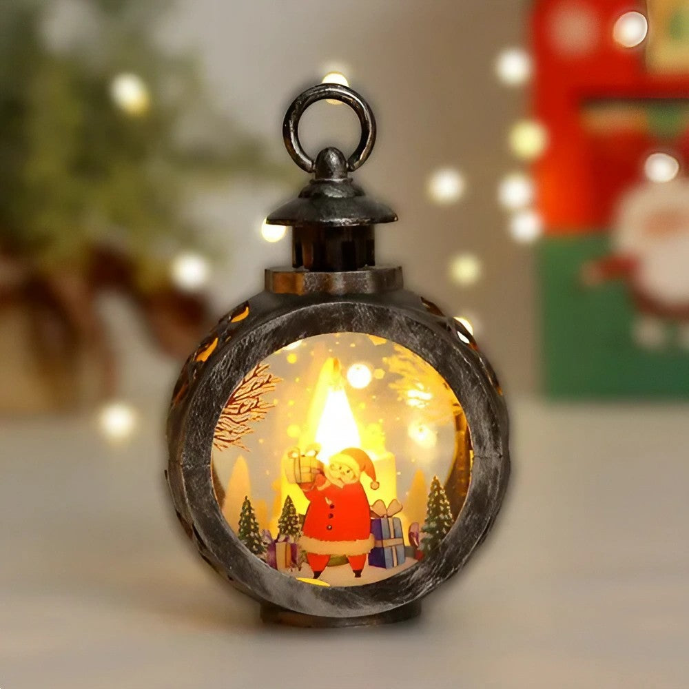 Decoratiune Craciun tip Felinare cu baterii, 13.5 x 9 cm, Lumanare cu geam si inscriptie Mos Craciun, lumina alb cald, baterii incluse, Bronz Argintiu