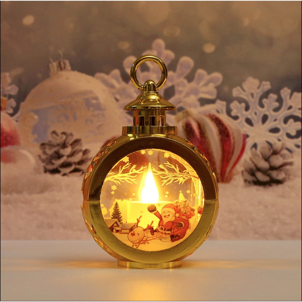 Decoratiune Craciun tip Felinare cu baterii, 13.5 x 9 cm, Lumanare cu geam si inscriptie Mos Craciun cu sanie, lumina alb cald, baterii incluse, Auriu
