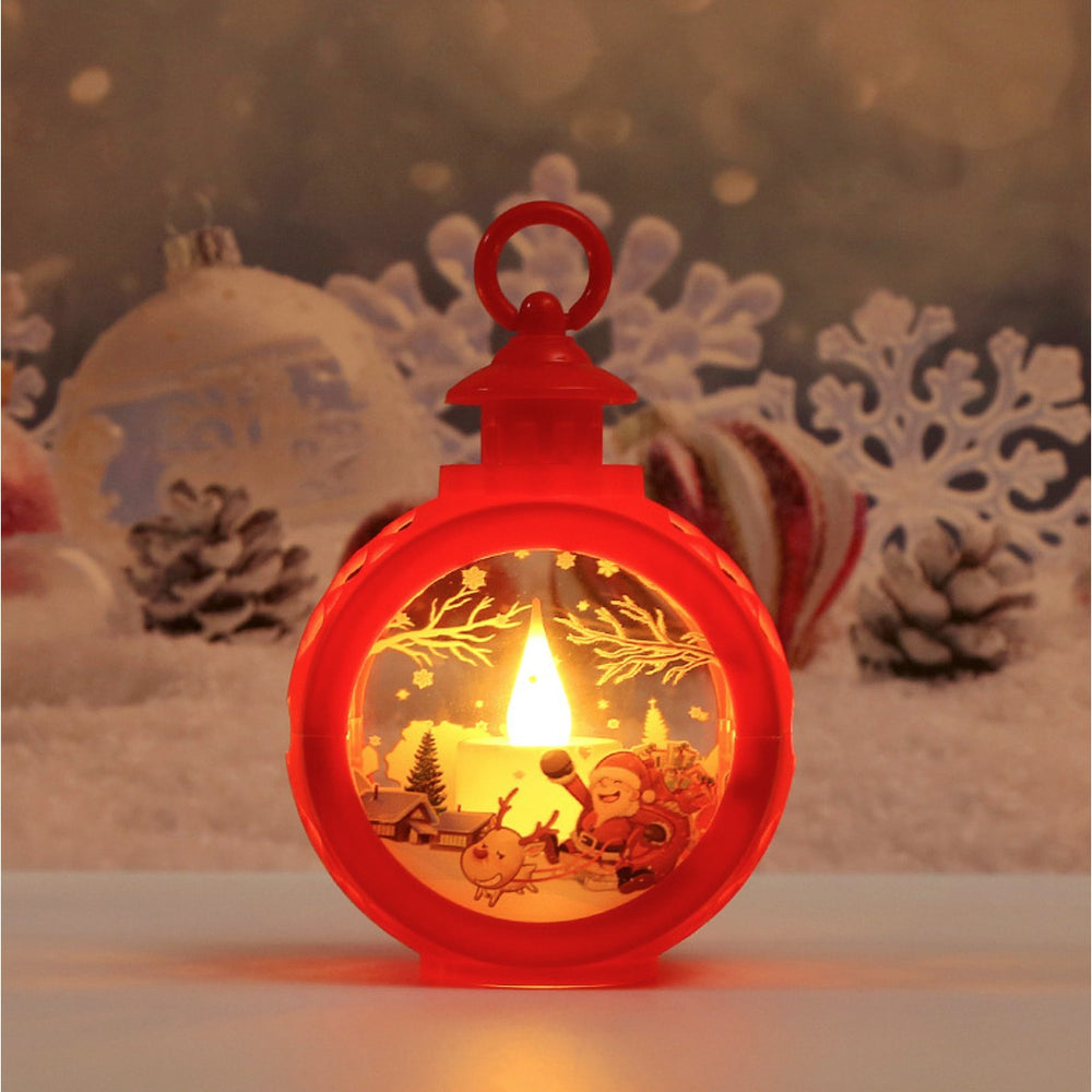 Decoratiune Craciun tip Felinare cu baterii, 13.5 x 9 cm, Lumanare cu geam si inscriptie Mos Craciun cu sanie, lumina alb cald, baterii incluse, Rosu