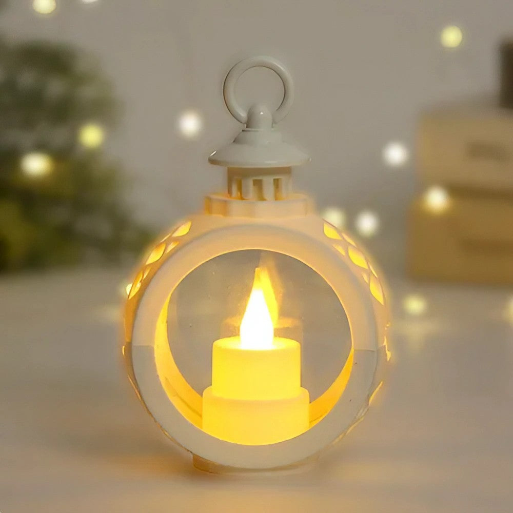 Decoratiune Craciun tip Felinare cu baterii, 13.5 x 9 cm, Lumanare cu lumina alb cald fara geam, baterii incluse, Alb
