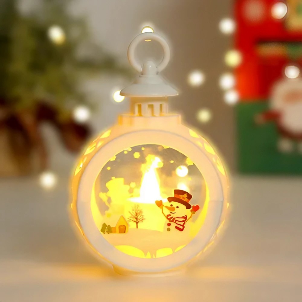 Decoratiune Craciun tip Felinare cu baterii, 13.5 x 9 cm, Lumanare cu geam si inscriptie om de zapada, lumina alb cald, baterii incluse, Alb