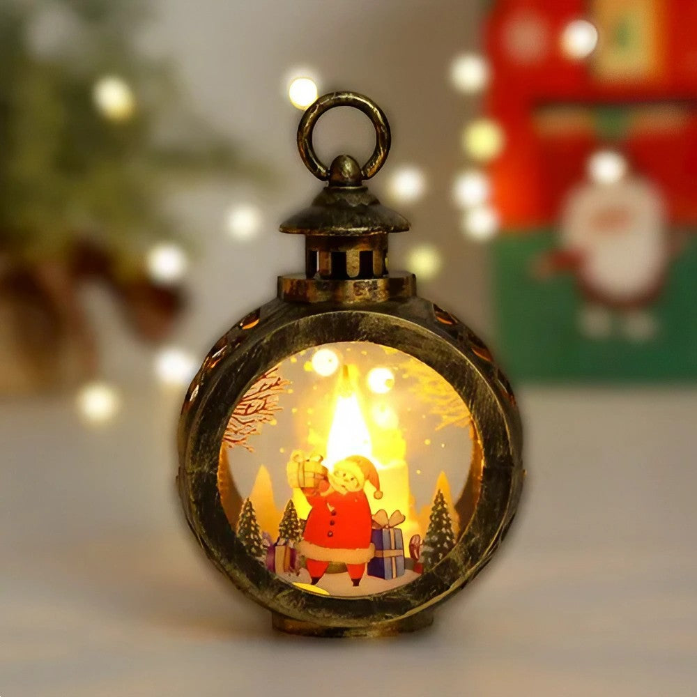 Decoratiune Craciun tip Felinare cu baterii, 13.5 x 9 cm, Lumanare cu geam si inscriptie Mos Craciun, lumina alb cald, baterii incluse, Negru Vintage