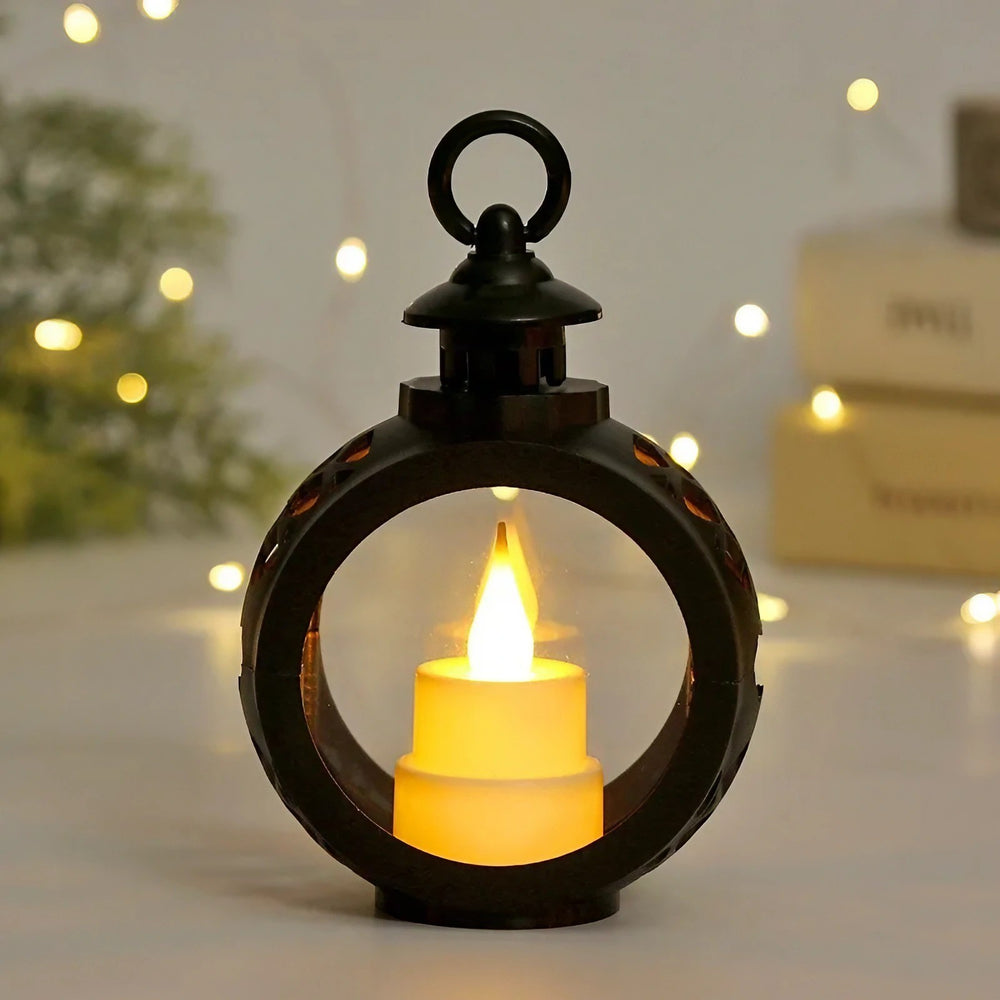 Decoratiune Craciun tip Felinare cu baterii, 13.5 x 9 cm, Lumanare cu lumina alb cald fara geam, baterii incluse, Negru