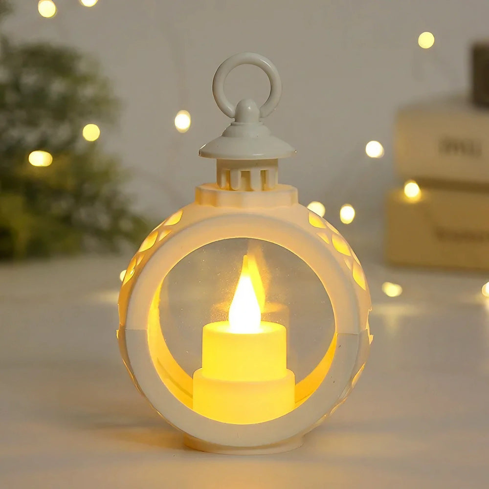 Decoratiune Craciun tip Felinare cu baterii, 13.5 x 9 cm, Lumanare cu lumina alb cald fara geam, baterii incluse, Alb