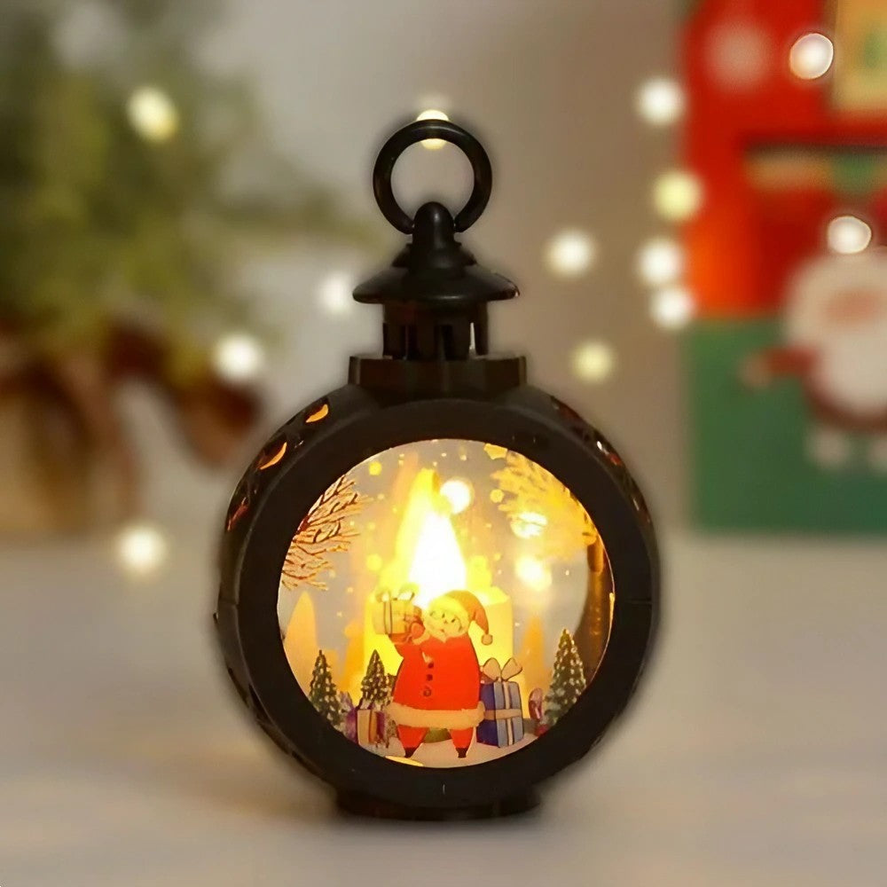 Decoratiune Craciun tip Felinare cu baterii, 13.5 x 9 cm, Lumanare cu geam si inscriptie Mos Craciun, lumina alb cald, baterii incluse, Negru