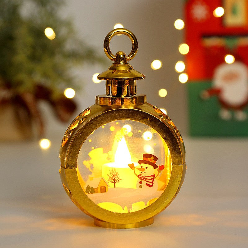 Decoratiune Craciun tip Felinare cu baterii, 13.5 x 9 cm, Lumanare cu geam si inscriptie om de zapada, lumina alb cald, baterii incluse, Auriu